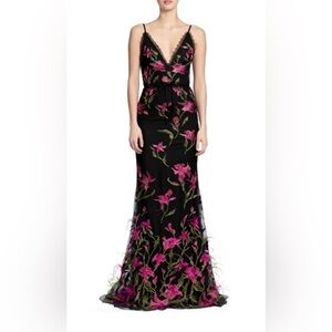 Marchesa Lily Embroidered Ostrich Feather-Trim Gown